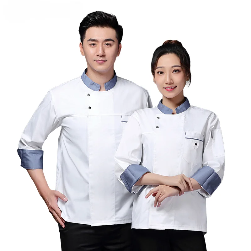 White Long-Sleeved Kitchen Uniform Men's Chef Jacket Western Restaurant Canteen Cook Costume Bakery Catering Waiter Overalls