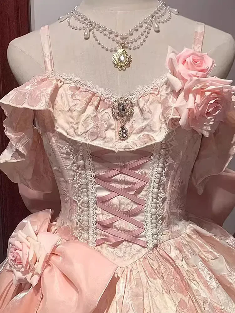 2025 الوردي لوليتا زهرة الزفاف فستان زفاف رائع صيف جديد الحلو الجنية عالية الخصر الأميرة الصناعة الثقيلة لو فستان الإناث #4