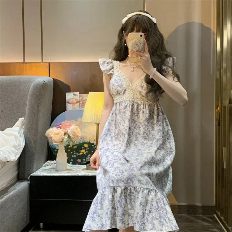 

Medium-length Sleep Dress For Women Summer Lace Flower Edge High-end Feel Pure Desire Aesthetic V-neck Nightgown Sleepshirt