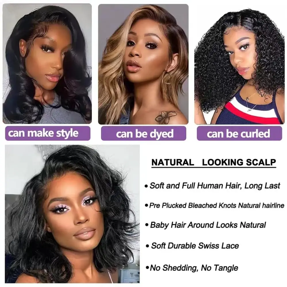 Body Wave Bob Lace Front Wig para Mulheres Negras, Cabelo Humano, 13*4 Lace Frontal Perucas, 4x4 Encerramento, Pré Arrancado, Curto