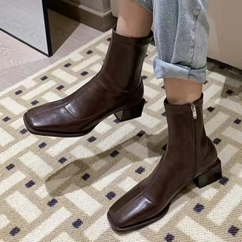 2024 High Quality Ladies Shoes Zipper Women's Boots Winter Square Toe Solid Short Barrel Chunky Heels Fashion Mid Calf Boots