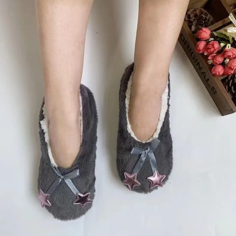 

Home Slipper Fuzzy Women Winter Fur Contton Warm Plush Non Skid Anti Indoor Fluffy Lazy star Bow Ladies Female House Shoes