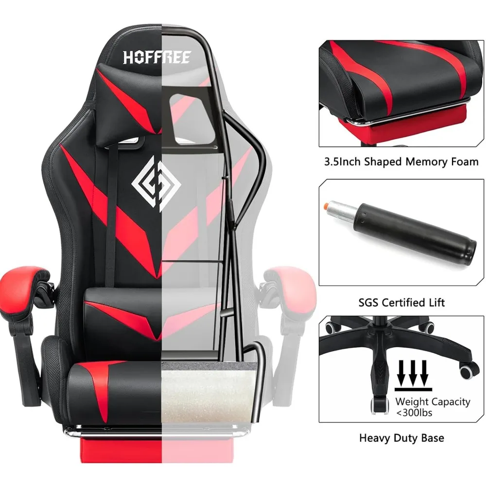 HOFFREE Gaming Chair Massage with Bluetooth Speakers and Led Lights Ergonomic Computer Gaming Chair with Footrest RGB Video Game