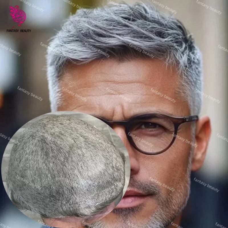 1B65 1B80 أسود أبيض 0.02 مللي متر سوبر دائم رقيقة ذكر رمادي رجالي شعر مستعار شعر بشري حقيقي شعر طبيعي شعري اصطناعي #1