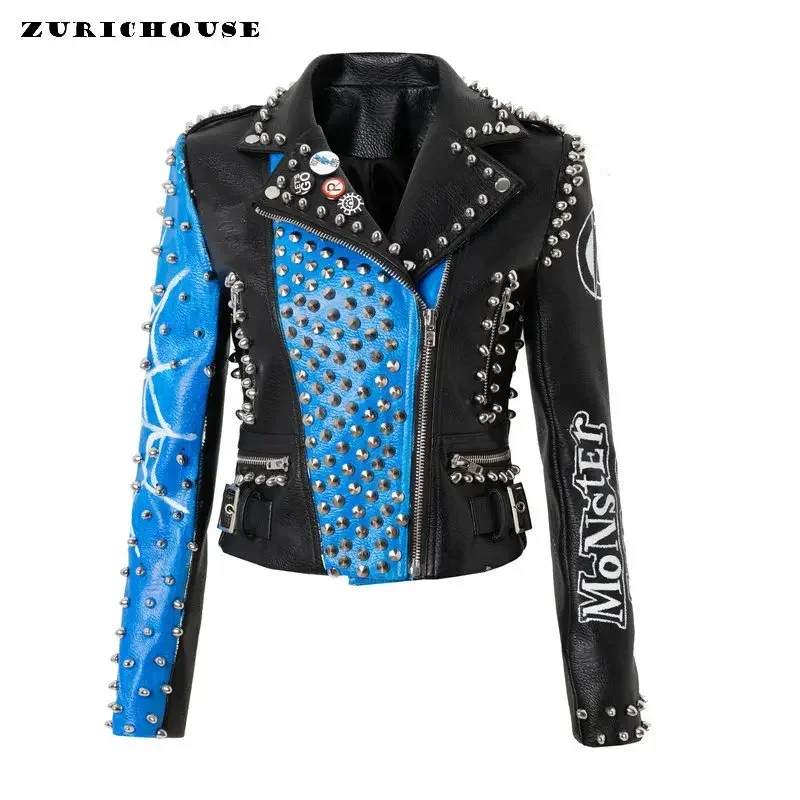 Streetwear Contrast Spliced Faux Leather Jacket for Women 2024 New Graffiti Print Punk Studded Slim Cropped Motorcycle Jackets