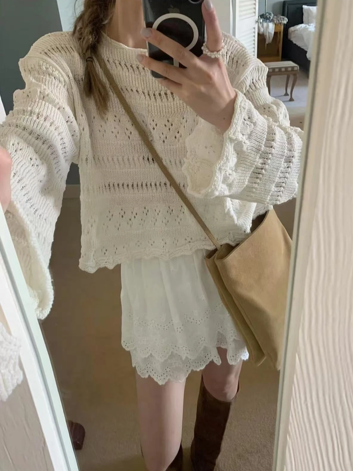 

Ladies Casual Hollow out Short Knitted Sweater round Neck Thin Sunshade Cover up Loose Fit Long Sleeve Commute Style Top