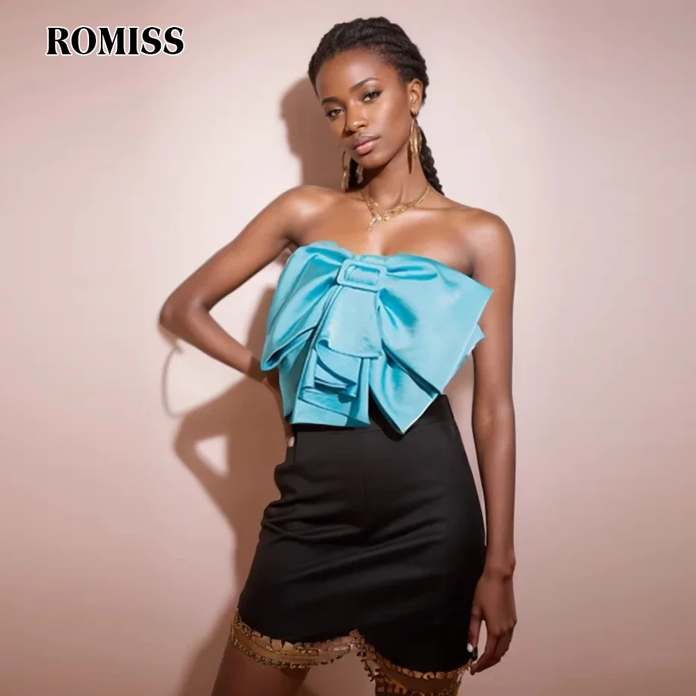 ROMISS Korean Sexy Blue Tank Tops For Women Strapless Sleeveless Solid Patchwork Bowknot Summer Vests Female Clothing New