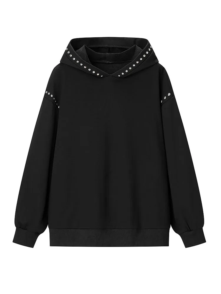 

Женская модная повседневная толстовка с капюшоном, длинными рукавами, свободного кроя, с заклепками, однотонная, стильная, для женщин