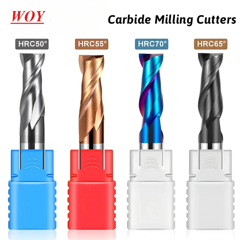 WOY HRC50/55/65/70 2-Flute 1.0-20.0mm Carbide Flat End Mills For CNC Machine Tungsten Steel Milling Cutter Tools