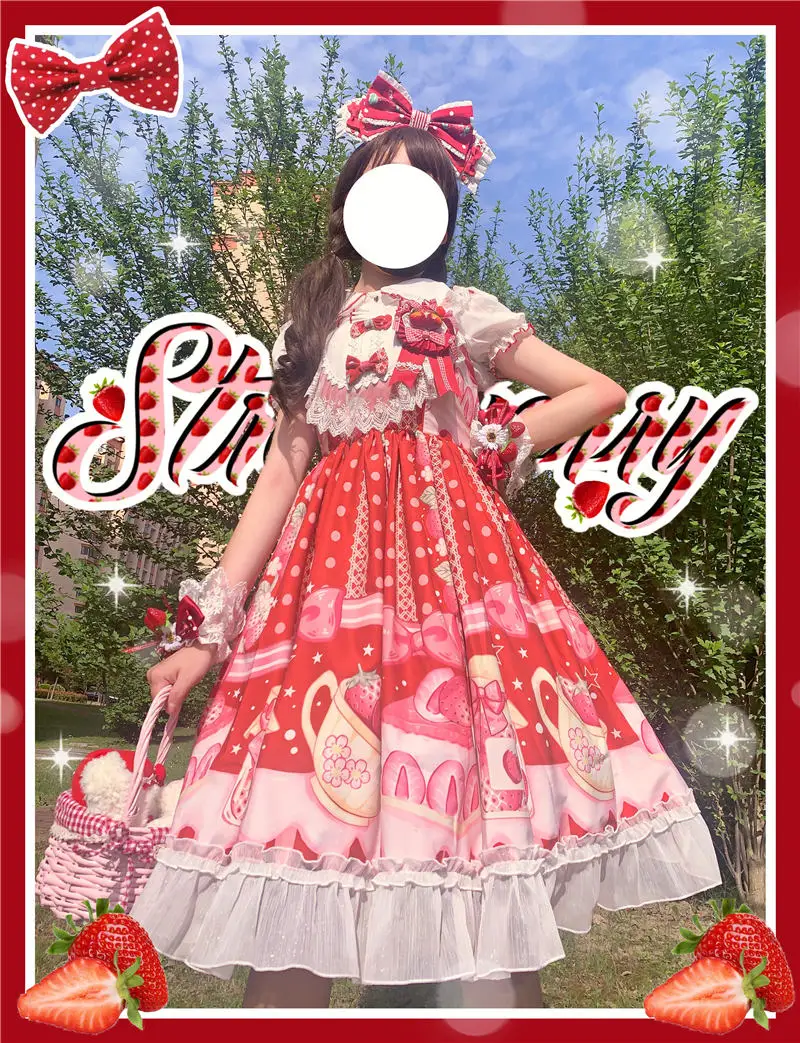 Vestido japonés de verano Lolita JSK, vestidos dulces de Lolita para mujer, vestido suave con hongos para mujer, vestido con volantes de cintura alta de encaje
