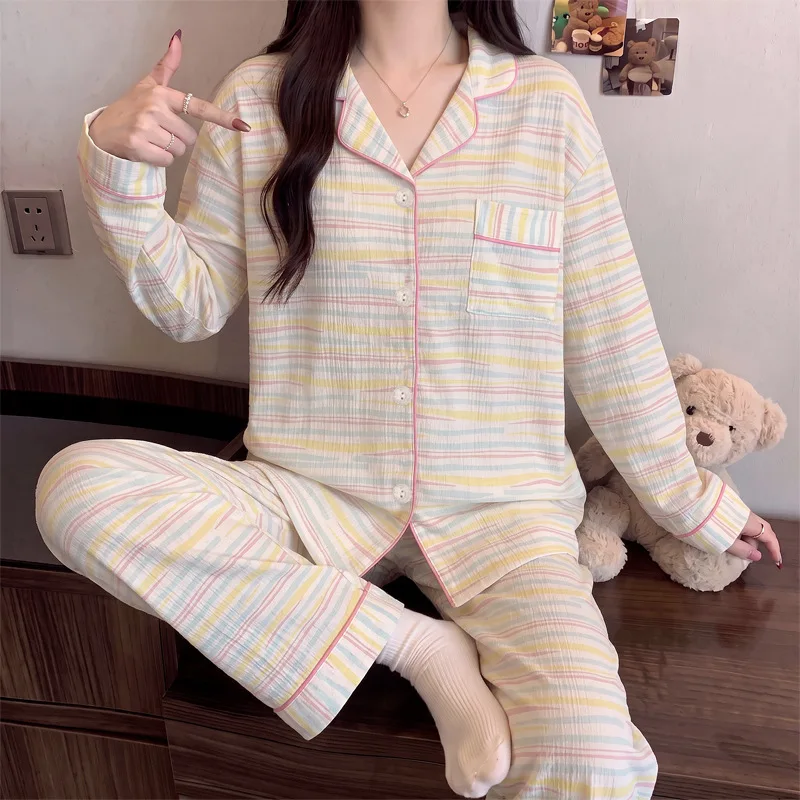 Spring and Autumn Sweet Dopamine Striped Wrinkled Fabric Sleepwear for Women Long Sleeved Casual Comfortable Pajamas Homewear