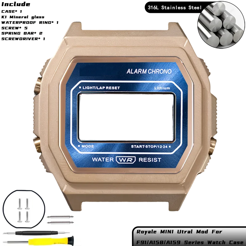 Royale Ultra Mod für CASIO F-91/A158/A159 Uhrengehäuse 316L Edelstahl K1 Mineral Poliert Gebürstetes Mattes Gehäuse Sunray Zifferblatt-Set – Detail 14