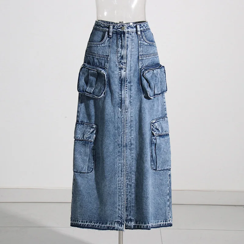 ZAMOR European Streetwear Cargo Denim Skirt 2026 New Contrast Pocket Slit Design Solid High Waist Women Skirt