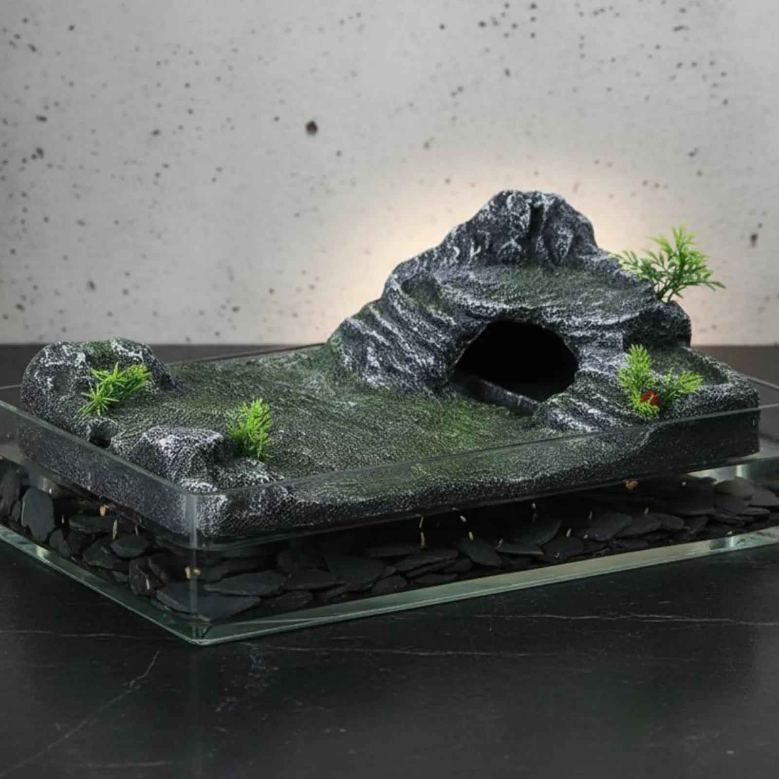 Turtle Basking Rock with Cave Suction Holder Mount Amphibian Climbing Ramp Aquatic Enclosure Accessory Built-in Feeding Trough