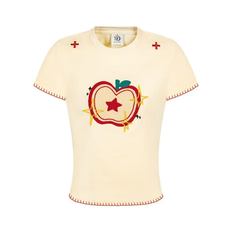 

American Top 2025 Embroidered T-Shirt Women's Summer ins Skinny Design Apple Sweet Spice Girl Shoulder Short Sleeve Slim Fit