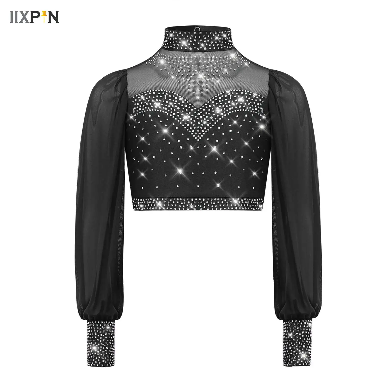 

Kid Girls Dance Tops Mesh Long Sleeves Shiny Rhinestones Crop Top for Ballet Gymnastics Figure Skating Stage Performance Costume