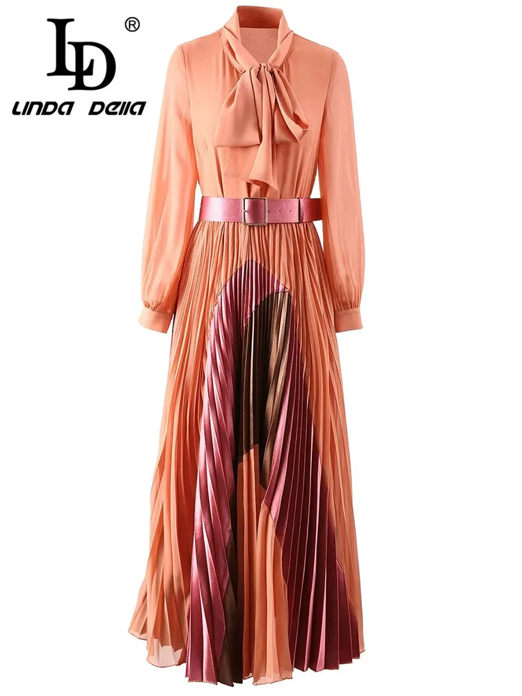 LD LINDA DELLA Autumn winter New Style Italian Luxury Dress Women Bow collar Belt Multicolour   Splice Long Party Pleated Dress