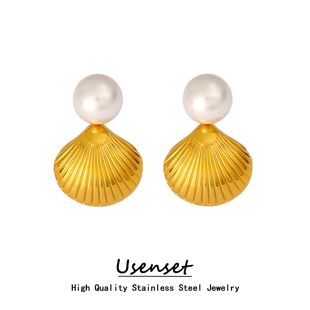 

USENSET High Quality Stainless Steel Textured Sea Shell Stud Earrings PVD 18K Gold Plated Anti Allergic Women Bijoux