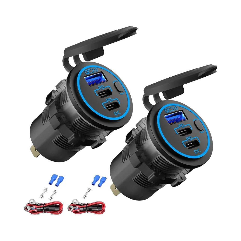 

12V USB Outlet Multi-Port Dual PD3.0 USB-C Quick Charge 3.0 Car Charger Power Switch Fast Charger for Cell Phones Car