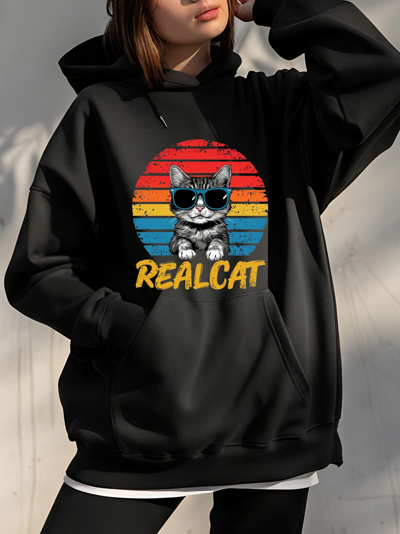 

Толстовка с милым котом и принтом Realcat, винтажный дизайн заката, толстовка унисекс, повседневная уличная одежда для мужчин и женщин