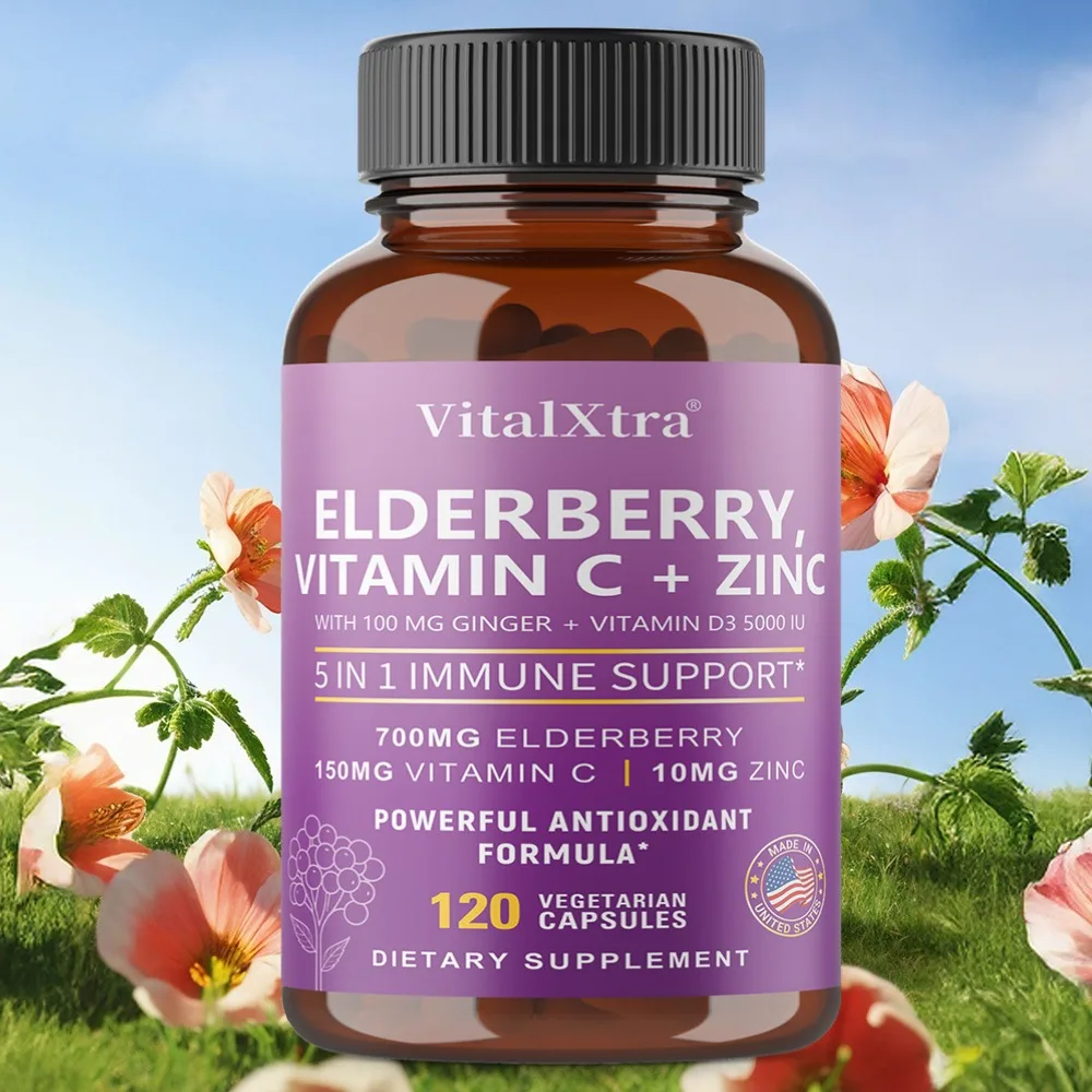 Elderberry with Vitamin C, D3 & Zinc - 5-in-1 Immune Support Supplement, Elderberry Capsules with Ginger for Men and Women