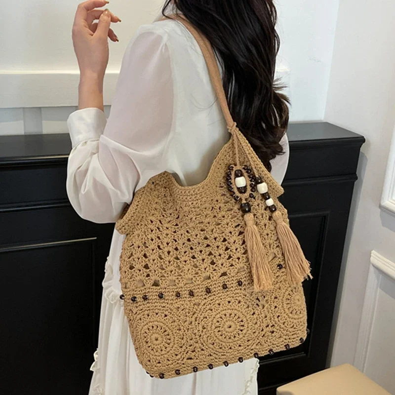 

Weave Handbag Large Capacity Shoulder Bag Hollow out Tote Bag Crochet Tote Bohemia Woven Women bags Knitted Shopping Bags