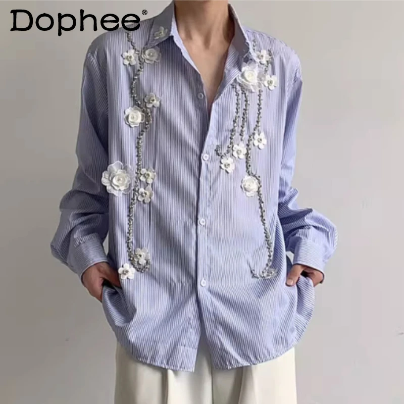 

Men's 2026 Spring New Fashion Tops Male Handsome Handmade Three-dimensional Beaded Flower Chic Shirts Striped Long Sleeve Shirts