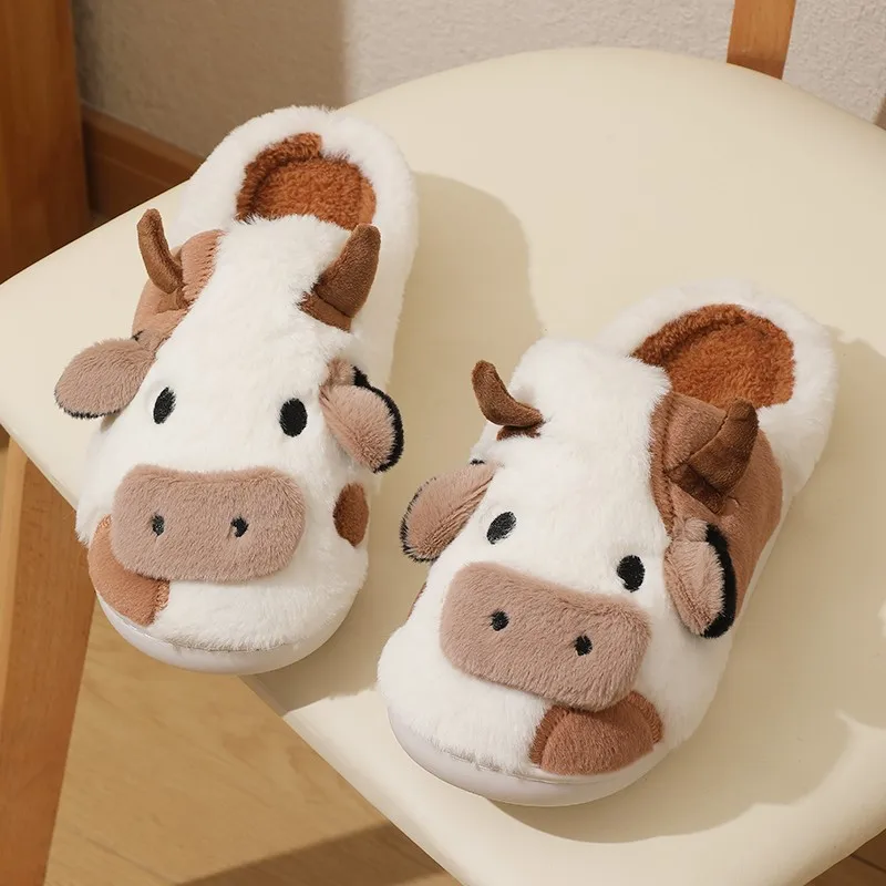 New Winter Unisex Cartoon Cow Warm Plush Slippers Couple\'s Indoor Non-slip House Mule Men And Women Toe Wrap Home Cotton Shoes