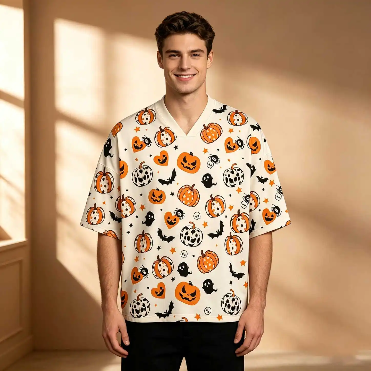 Pumpkin Bat Ghost Skull Print Fall Halloween Party Men Spooky Oversized V Neck Elbow Sleeve Tee, Loose Fit