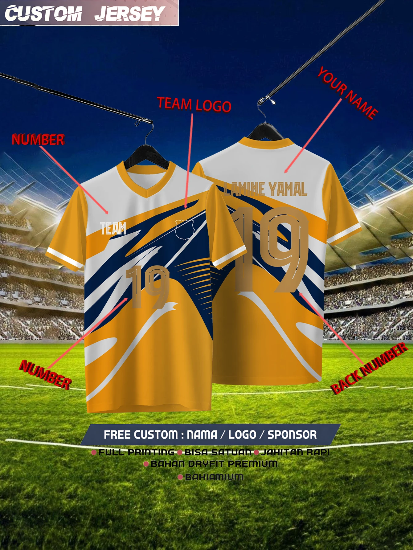 

Customized Geometric Orange Short Sleeved Shirt with Team Name, Emblem, Name and Number, Outdoor Sports Short Sleeved T-shirt