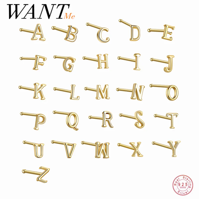 WANTME 925 Sterling Silver Initials Body Piercing Nasal Studs Fashion European Classic Ear Bone Women Letter Jewelry Accessories