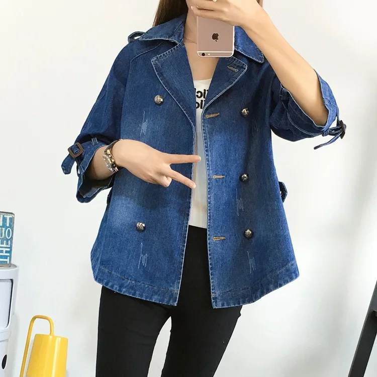 Office Lady Windbreaker Denim Basic Coats Autumn Overcoat Denim Cape Coat Female Jacket Double Breasted Jackets Women