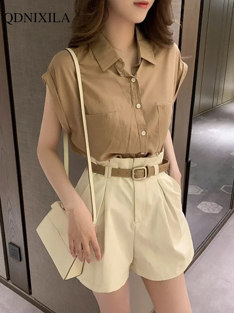 2024 Summer Women\'s Shorts Sets Design Fashion Elegant Thin Loose Fashion Sleeveless French Shirts Wide Leg Shorts 2 Piece Set