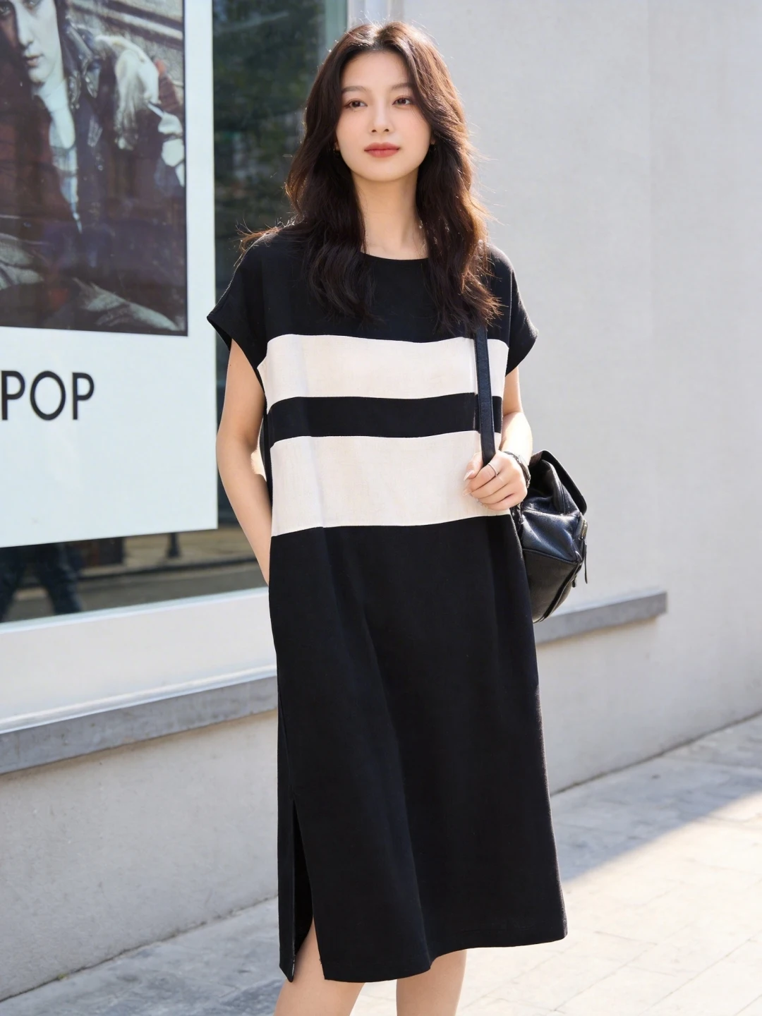 Elegant Color Block Short Sleeve Dress Women's Loose Casual Black Midi Dress Summer 2026 Fashion Ageless H-Shape Skirt