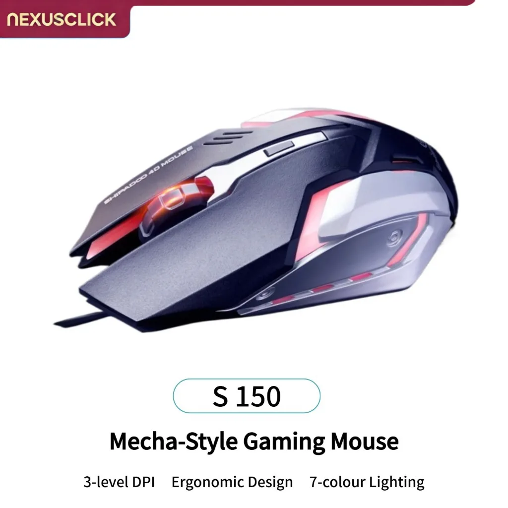 NexusClick S150 Wired Gaming Mouse, 7‑Color Breathing LED, 1600 DPI Ergonomic 4 Keys Silent USB Mice for Office PC Laptop Gamers