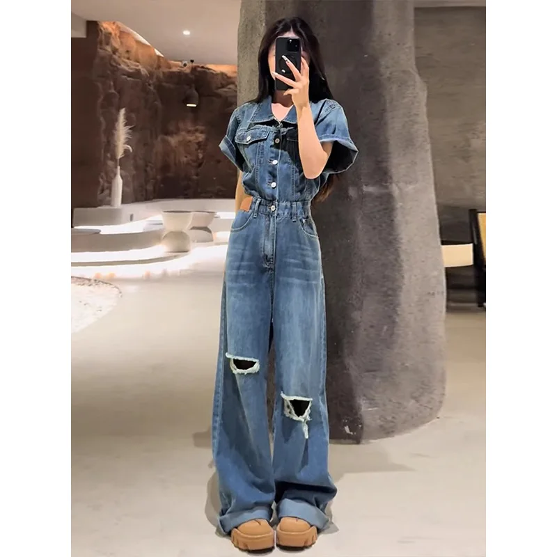 Retro American ort Sve Jumpsuit Women's Summer Design Sense Hole Waist in Jeans Floor-Length Pants Casual High Waist Zipper