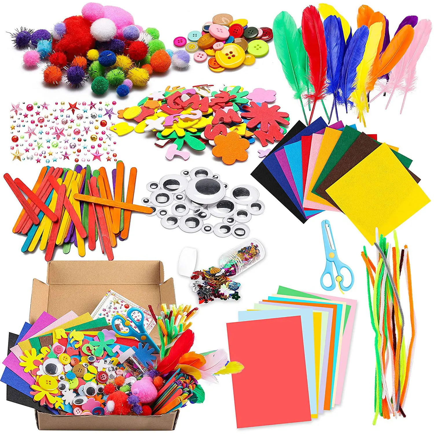 Colorful Craft Supplies Set DIY Handmade Set Party Handicraft Chenille Stems Felt Feathers Pom-poms Multiple Materials