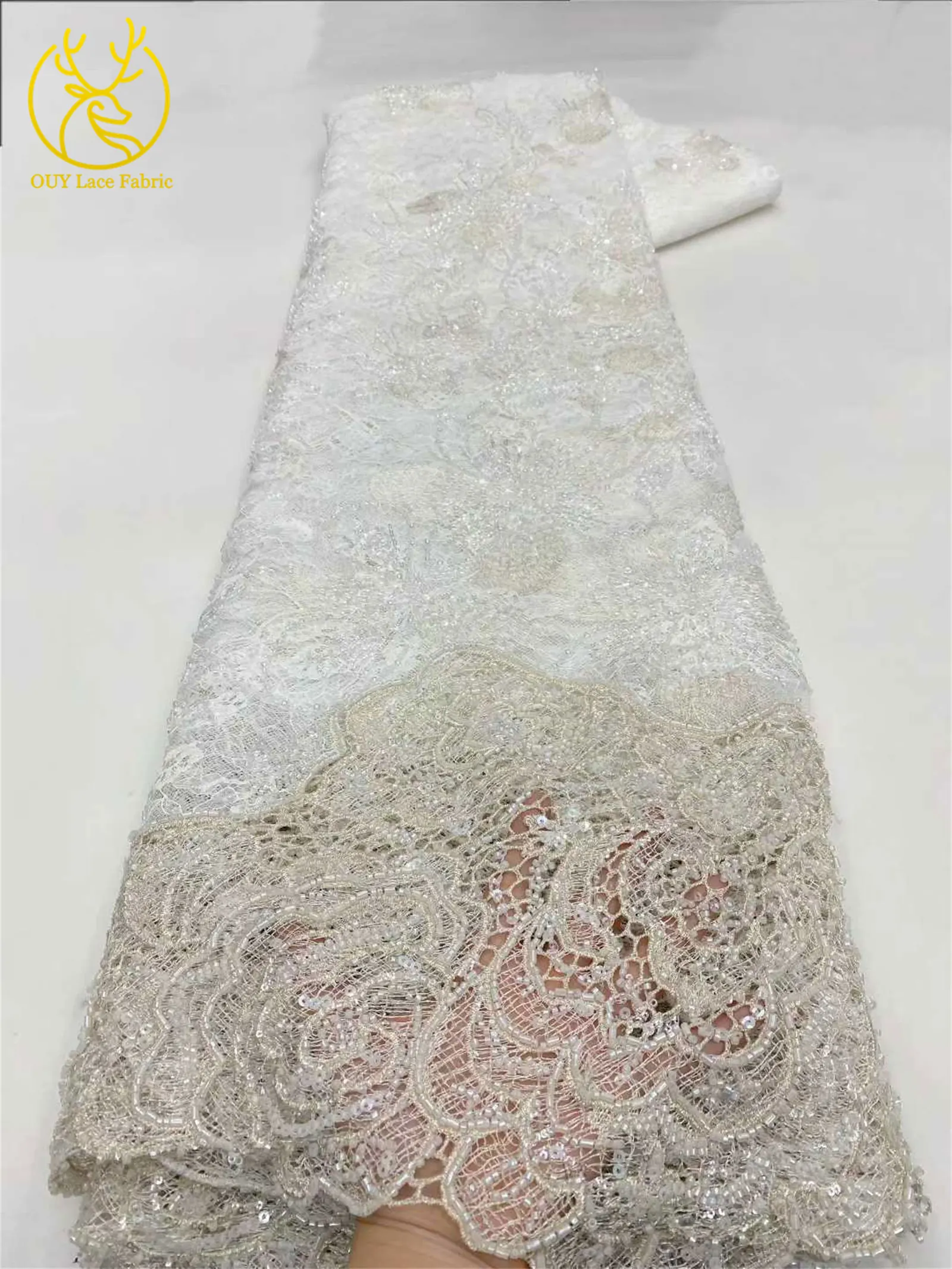 Afrikanischer nigerianischer Brautkleidstoff mit Perlen und Spitze 2026 – Hochwertige Pailletten-Stickerei auf französischem Tüllnetz für Hochzeitskleider zum Nähen, 5Y – Detail 6