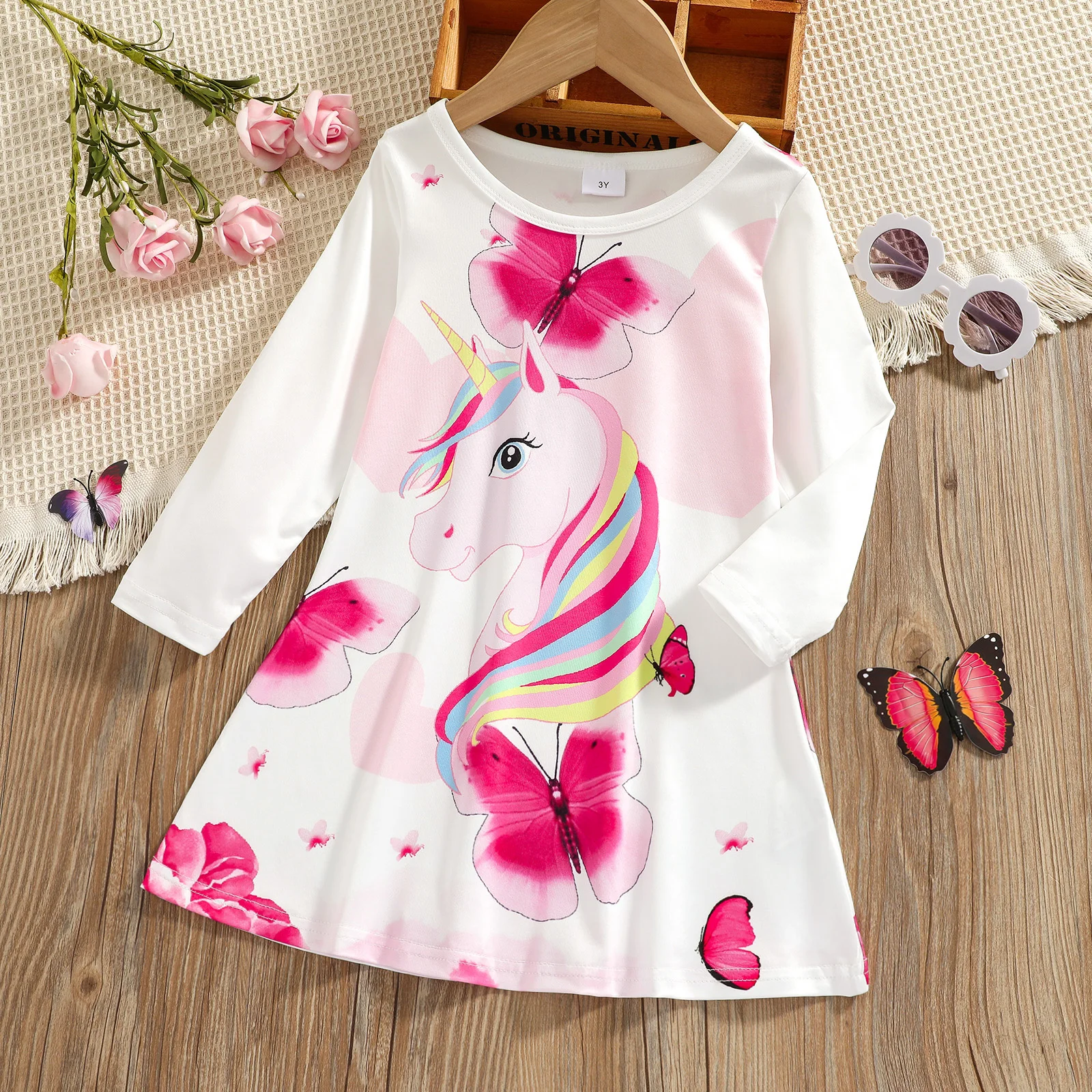 PatPat Toddler Girl Animal Unicorn Butterfly Print Long-sleeve Dress