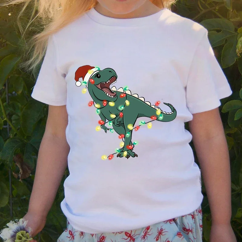 

Happy Dinosaur Christmas Cartoon Print Kids T-shirts Children's Black Clothing Baby Christmas Kawaii Clothes Boys Girls Tops