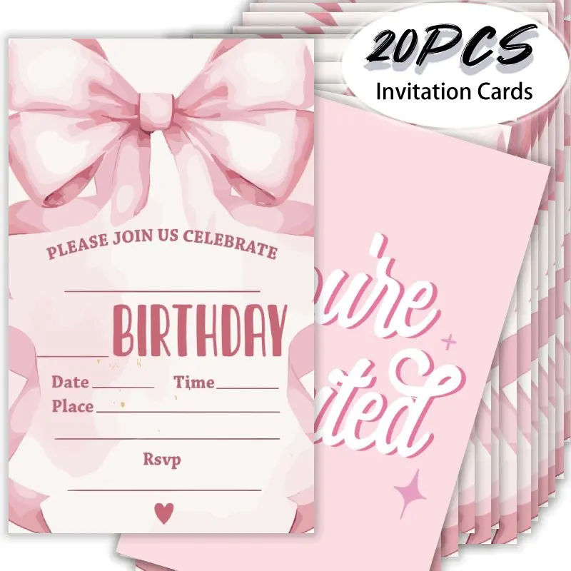 20 قطعة، بطاقة دعوة عيد ميلاد لطيفة على شكل فيونكة كرتونية، 20 بطاقة دعوة عيد ميلاد تحت عنوان الفتاة #6