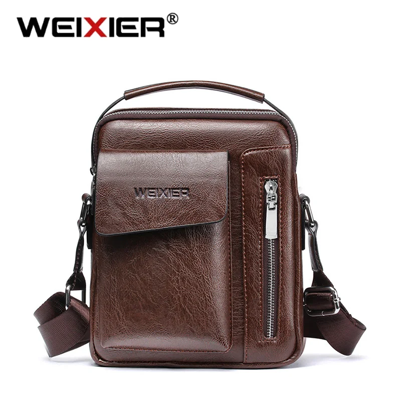 WEIXIER Men Retro Bag Simple Shoulder Business Famous Brand PU Leather Shoulder Messenger Bags IPad Office Handbag  Travel Bag