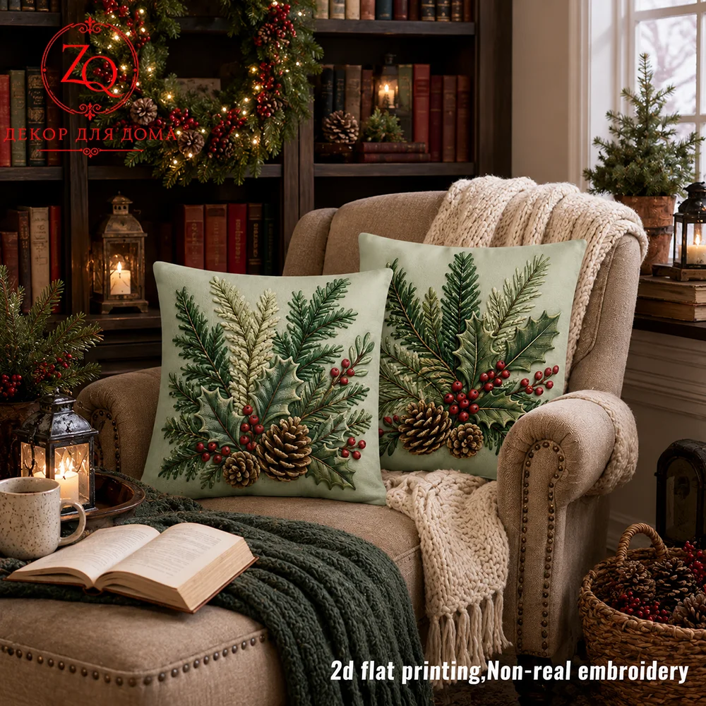 Pine Cone Pine Needle Berry Peach Skin Throw Pillow Cover 2D Flat Printed Sofa Cushion Case Living Room Decor Xmas