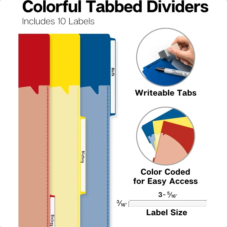 Quaderno a 3 soggetti College a righe 8,5 x 11 Nero 150 fogli (300 pagine) Quaderno a spirale 8,5x11 con linguette Divisori mobili Conservazione