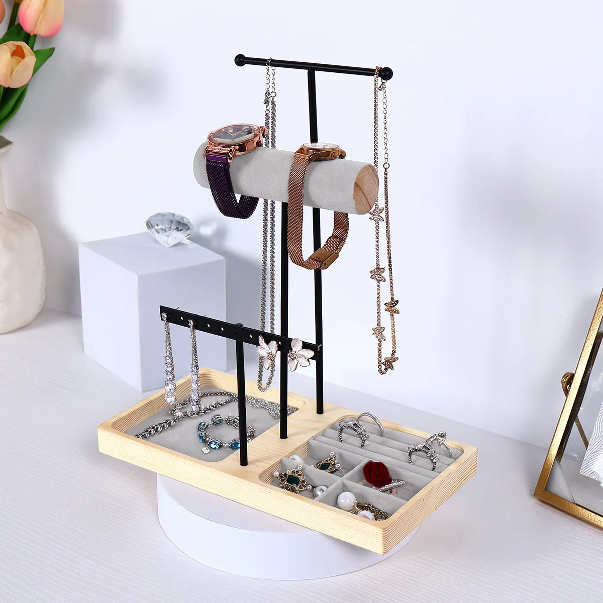 

Professional Wood & Metal Necklace Display Stand, Multi-Section Hanging Organizer for Jewelry Store Counter Display, Modern Home