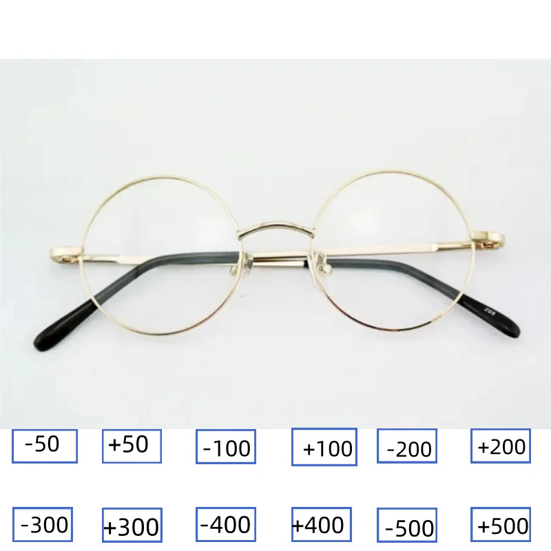 Vintage Round Reading Glasses Gold 42mm Spring Hinges Metal Eyeglass Frames Full Rim Myopia Eyeglasses -50......-600 +50....+600