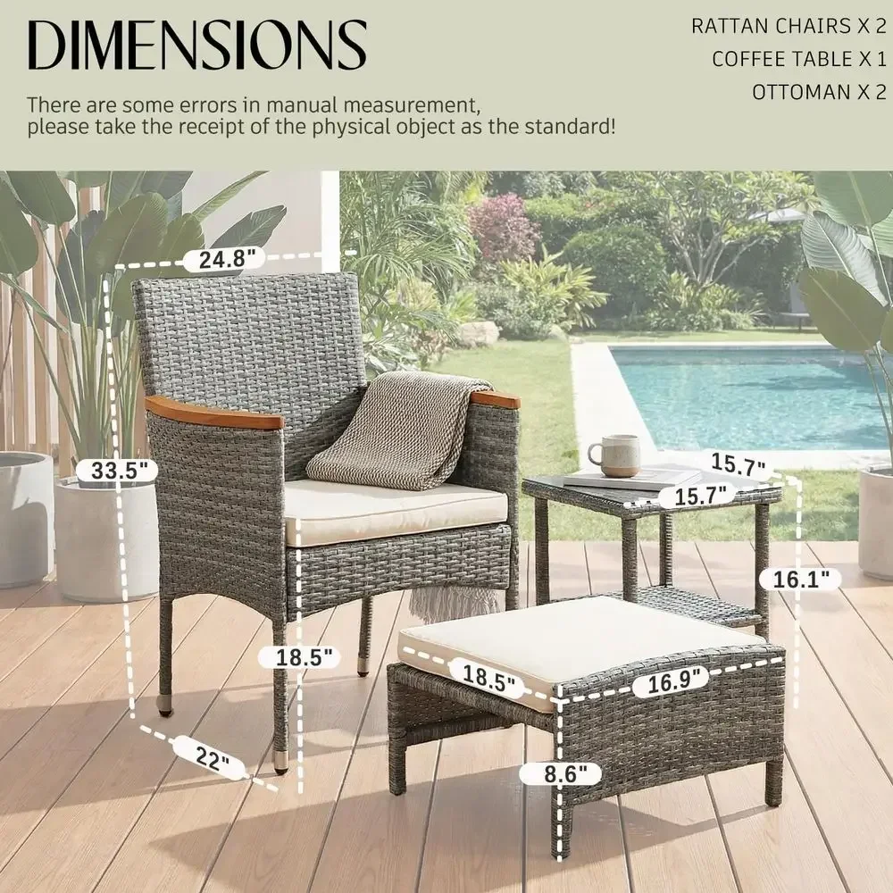 Gray Wicker Outdoor Patio Furniture Set with 2 Chairs, 2 Ottomans, and Table