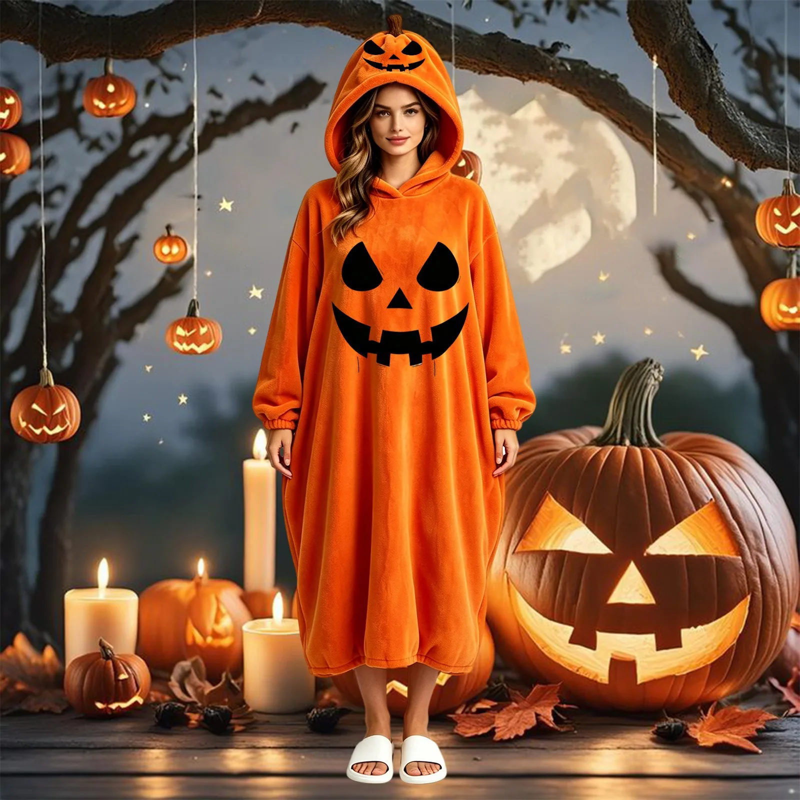 Women Halloween Pumpkin Hooded Wearable Robe, Thick Fleece Flannel Cartoon Ghost Print Oversized Sleepwear One‑Piece Loungewear