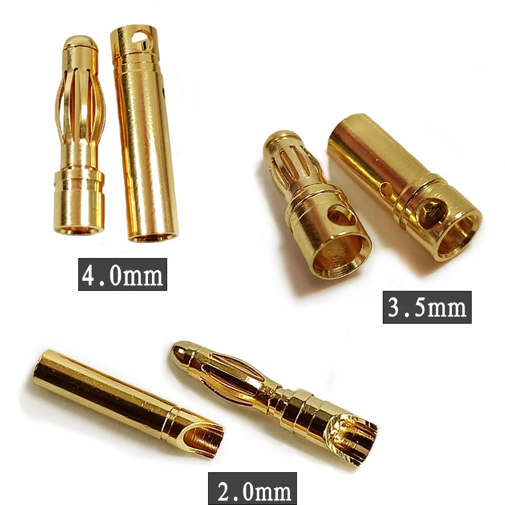 

Amass 50/100Pairs 2.0mm 3.5mm 4.0mm Gold-plated Bullet Male Female Banana Plugs Connector for ESC Lipo RC Battery Plugs