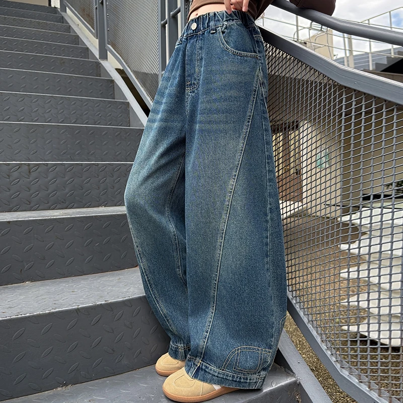 

2025 autumn new children's fish belly jeans boys' wide leg pants winter girls' sports pants student school uniform